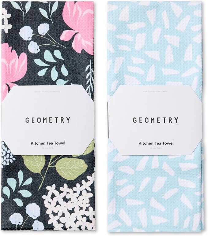 GEOMETRY Kitchen Tea Towels - Quick Dry Microfiber Dish Towels for Kitchen Pretty Petals, 18" x 30" 2 Pack