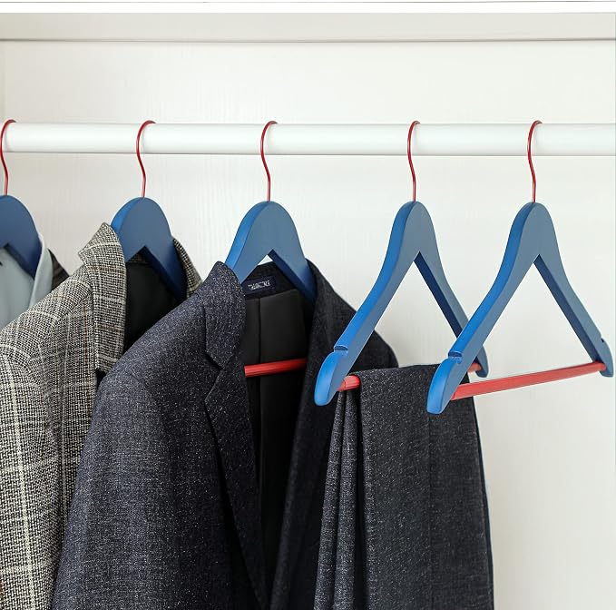 TOPIA HANGER Premium Wooden Hangers with Non-Slip Pant Bar, 360°Swivel Hook and Shoulder Notches, 30 Pack Solid Wood Clothes Hangers for Suit, Coat, Jacket, Camisole(Blue/Red)-CT35BR30
