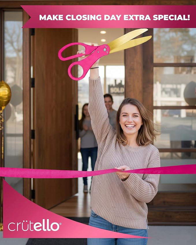 Crutello Giant Ribbon Cutting Ceremony Kit - 20"Large Gold Scissors Set with Pink Handle, Durable Big Scissor and 30 Feet of Oversized 4"Wide Pink Grand Opening Ribbon