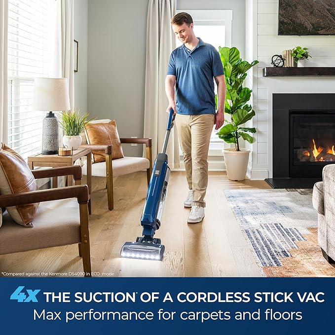 Kenmore CU5001 Litening Cordless Upright Vacuum with Lift-Up & Hair Eliminator Nozzle, Brushless Motor, HEPA Filter & LED Display for Low-Pile Carpets, Rugs, Hard Floors & Pets, Blue