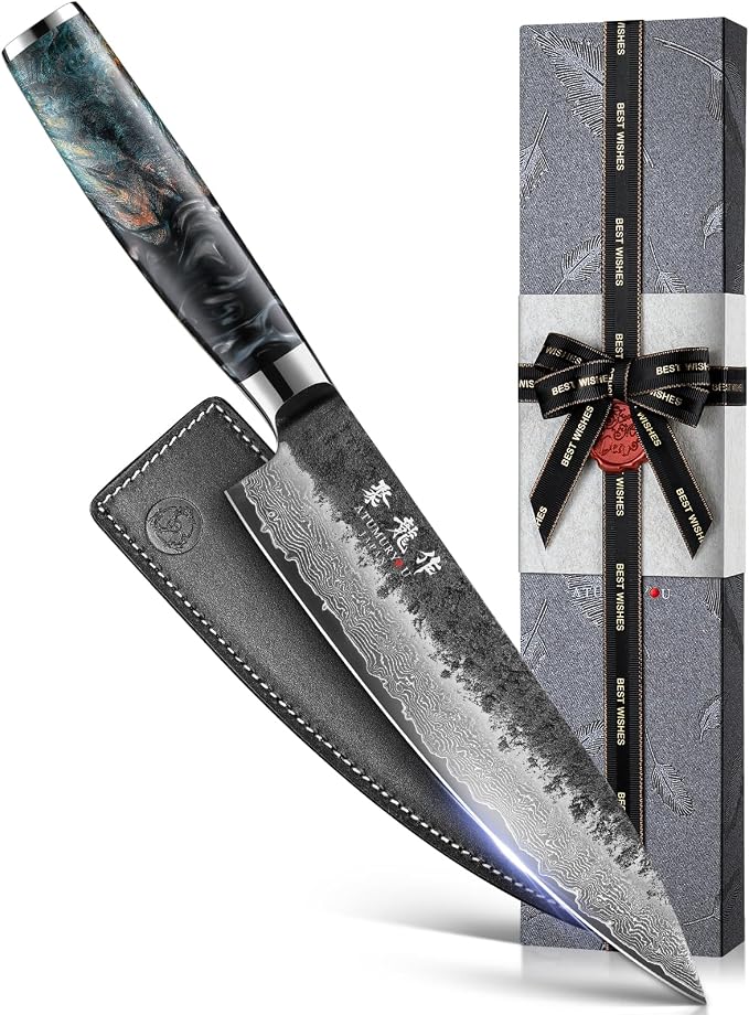 JPCK 8'' Japanese Damascus Chef Knife, Hand Forged VG10 Steel | Kurouchi Forged Finish, 67-Layer Damascus Cladding, For Professional & Home Chefs, Leather Sheath Included, Premium Gift Box