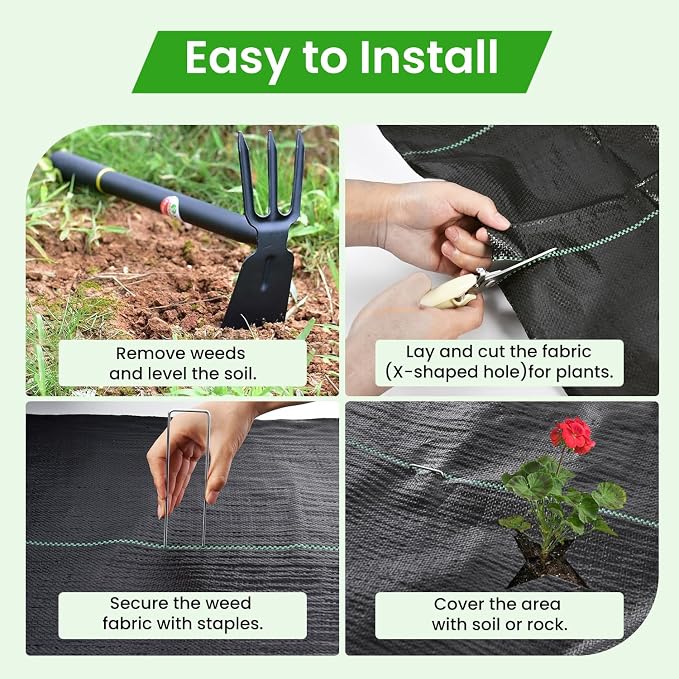 Rintea Weed Barrier Fabric, 6 x 300 ft, 3.2 oz Landscape Fabric | Heavy-duty woven polypropylene with guide lines and 20 U-stakes for gardens, flower beds, landscaping and driveways