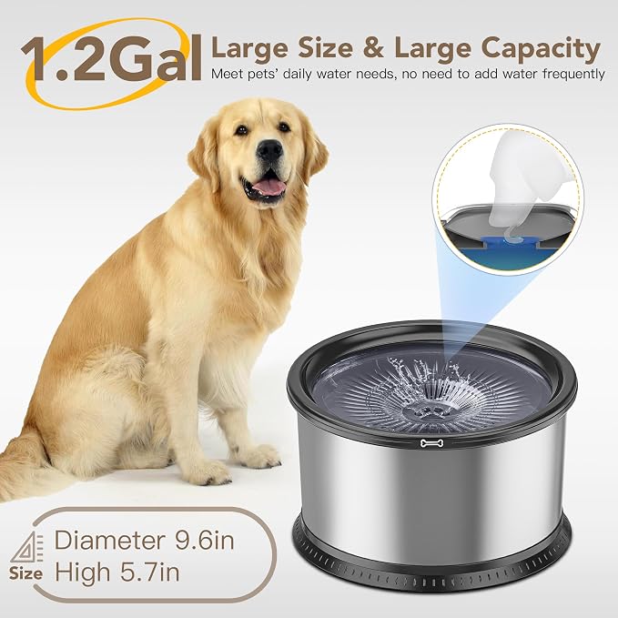 4.5L Stainless Steel Dog Water Bowl, No Spill Water Bowl for Dogs | Large Capacity, Slow Drinking Feeder, Splash Proof, with Anti-Slip Mat, Dishwasher Safe, Sturdy, Suitable for Mess Drinkers