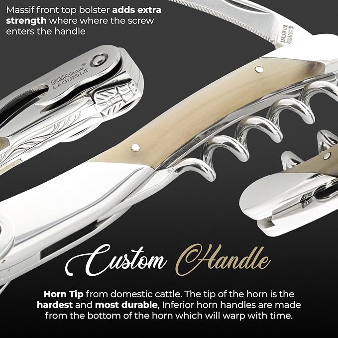Chateau Laguiole Corkscrew - Grand Cru - White Horn French Luxury Laguiole Wine Opener – Laguiole Wine Key Made in France - Wine Sommelier Bone Handle Wine Corkscrew with Leather Sheath & Gift Box