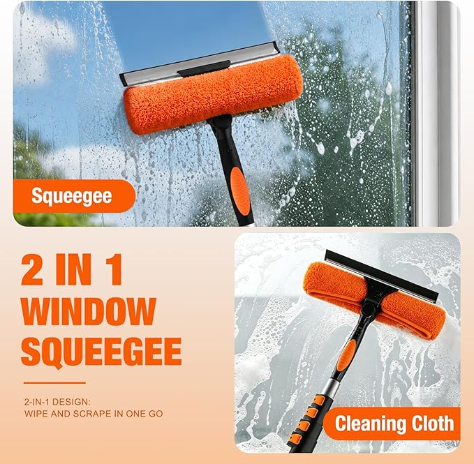 LAANPOLE 36FT Window Squeegee with Extension Pole, 2-in-1 Squeegee for Window Cleaning, Professional Cleaning Kit for Home with 30FT Telescoping Pole for Outdoor Indoor Use