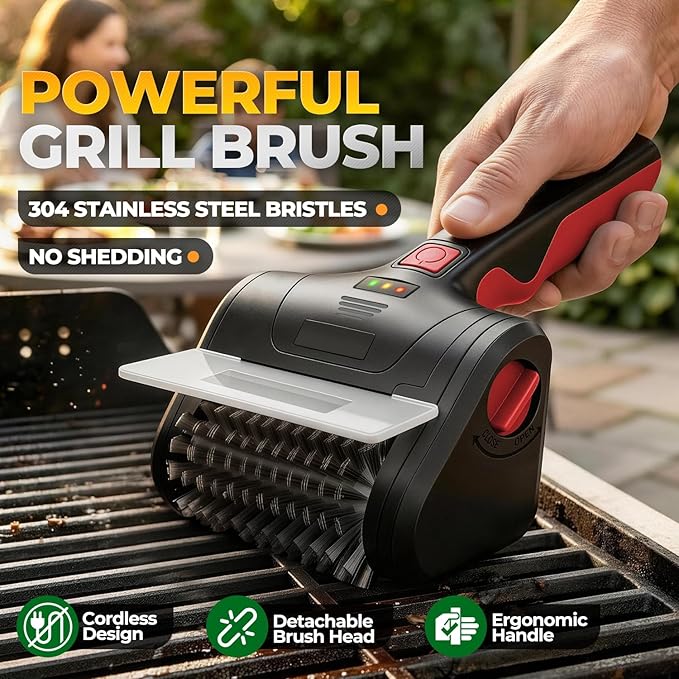 Auto Dynasty Cordless Electric Grill Brush, 304 Stainless Steel BBQ Brush with Rotating Scrub Head, Rechargeable, Type-C Fast Charging for Gas/Charcoal/Outdoor Grill, Red/Black