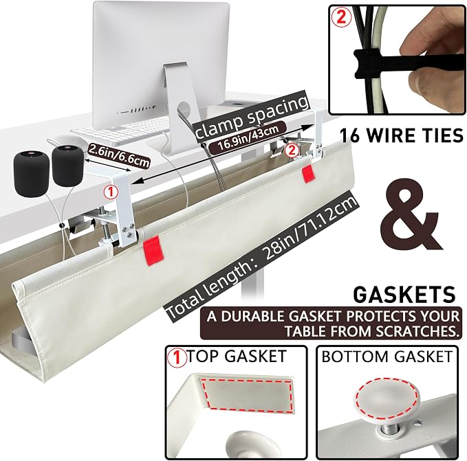 Under Desk Cable Management No Drill – 28" L x 6" W Cord Organizer, Upgraded Silicone Pads (No Scratch), 16 Cable Slots, Washable PE Honeycomb Base, Fits Desks 0–2.1" Thick, Beige