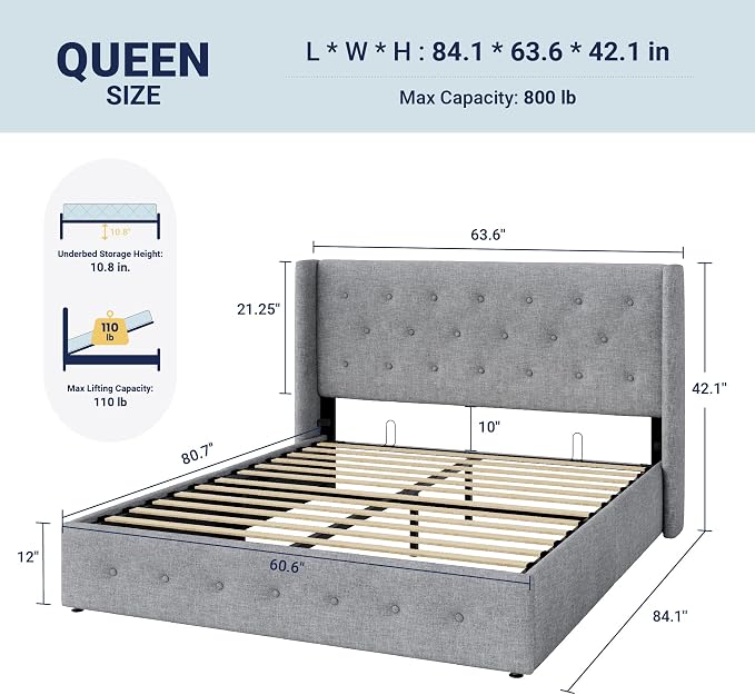 Allewie Queen Size Lift Up Storage Button-Tufted Bed Frame Light Grey | Modern Wingback Headboard, Hydraulic Support Storage, No Box Spring Needed
