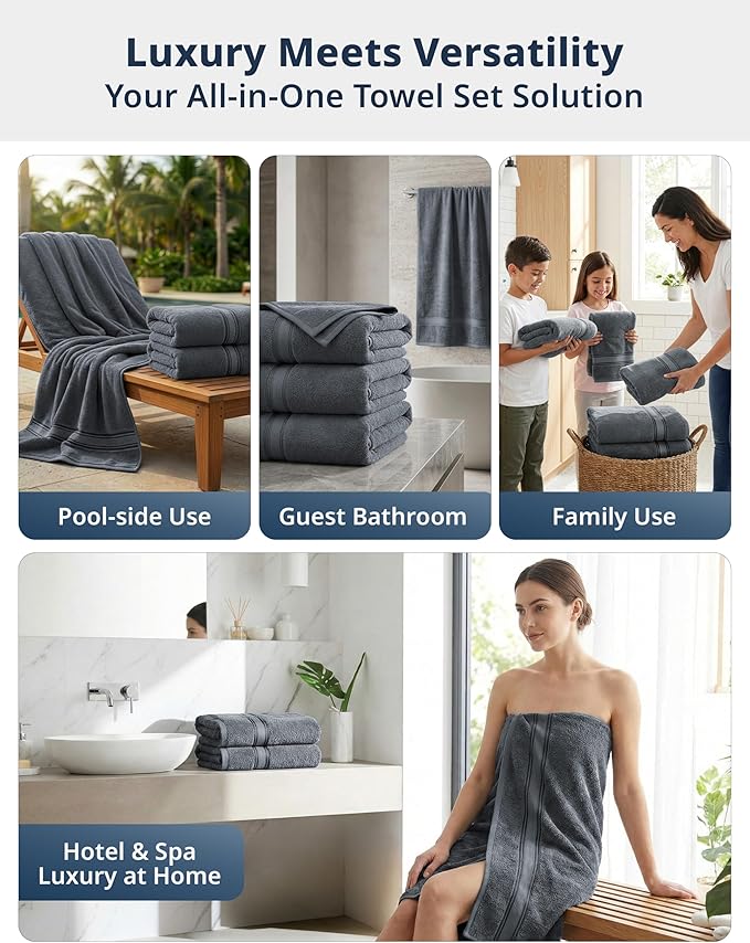 LANE LINEN 100% Cotton Bath Sheets - Exclusive Zero Twist Technology - 4 Pack (35"x66") Large Bath Towels Set - Ultra Soft, Fade Resistant & Quick Drying - Holds well after Multiple Washes - Cool Gery