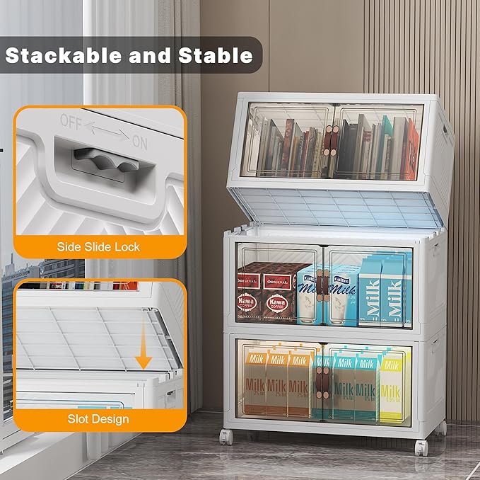Stackable Storage Bins with Lid, 156QT Plastic Cabinet with Wheels | Large Capacity, Magnetic Door, Stack Lock, Rolling Wheels, Foldable Design, Organizers and Storage for Bedroom Dorm Garage
