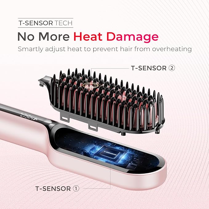 TYMO Hair Straightener Brush, Upgraded Ionic Compact Straightening Brush for Women with Wave-Design Bristles, Fast, Smooth Styling, Lightweight Hot Comb & Travel Flat Iron, 1 Billion Ions, Pink