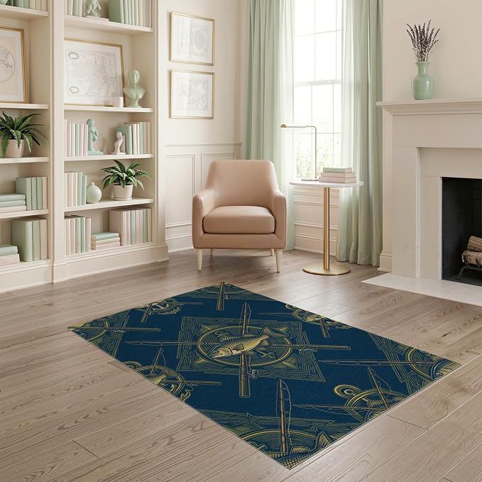 4'x6' Washable Area Rug Bass Nautical Wildlife Icons Lure Tackle Motif Border Fish Fishing Refined Pet Friendly & Non-Slip for Playroom, Bedroom, Reading Nook