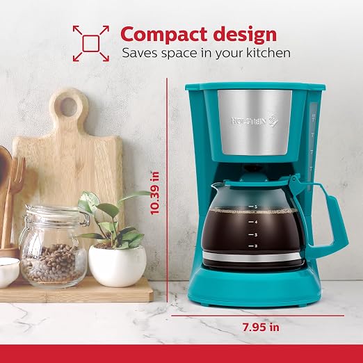 Holstein Housewares 5 Cup Drip Coffee Maker – Compact and User-Friendly with Auto Pause & Serve, Reusable Filter, Measuring Spoon & Glass Carafe, Office & Dorm Use, Teal