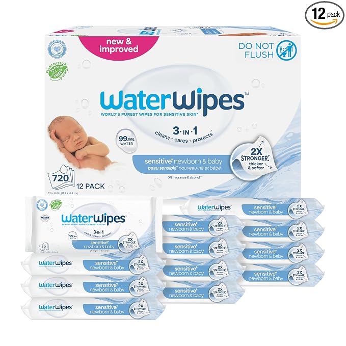 WaterWipes Sensitive+ Newborn & Baby Wipes, 3-In-1 Cleans, Cares, Protects, 99.9% Water, Unscented & Hypoallergenic, 720 Count (12 Packs)