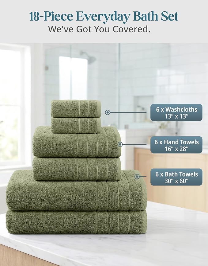 Casa Platino Towel Set for Bathroom 18 Piece Soft Absorbent - Oil Green | Shower Towels - Oversized & Roomy, Lightweight & Breathable, Fade-Resistant Color, Classic Terry Weave, Densely Woven