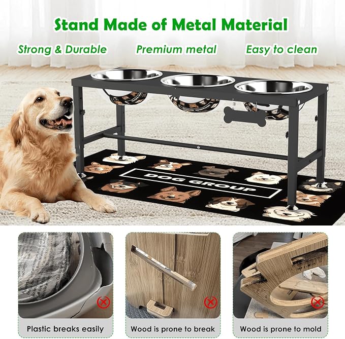 SHAINFUN Elevated Dog Bowl Stand for Large Dogs& Extra Large Dogs with 3 Bowls 101oz– 4 Adjustable Height Raised Pet Feeder with Anti-Spill Mat, Stainless Steel Food & Water Station