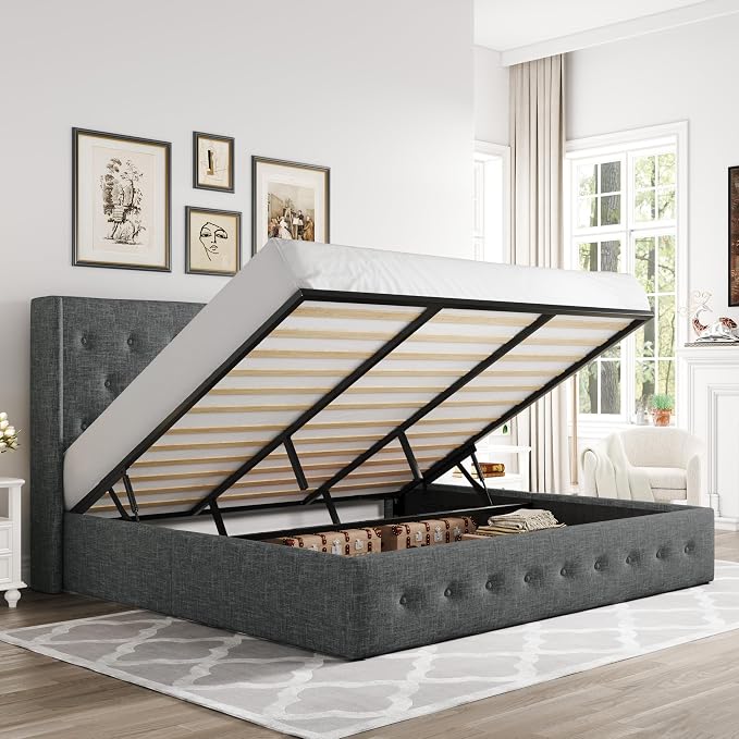 Allewie King Size Lift Up Storage Button-Tufted Bed Frame Dark Grey | Modern Wingback Headboard, Hydraulic Support Storage, No Box Spring Needed