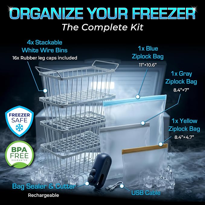 Deep Freezer Organizer Bins 4-Pack Black with Portable Heat Sealer & Reusable PEVA Bags, Heavy-Duty Stackable Chest Freezer Storage Baskets,15 x 7 x 6 in, White