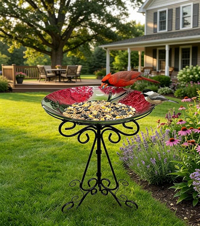 Large Glass Bird Bath with Metal Stand, Hummingbird | 18" Wide Bowl, 3.2" Bathing Depth, Thick Glass Construction, Stable 3-Leg Base, Easy Clean Surface, Garden Decor