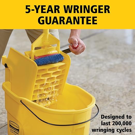 Rubbermaid Commercial Products WaveBrake 35 Qt. Side-Press Mop Bucket and Wringer Combo on Wheels Yellow for Professional/Industrial/Business Heavy-Duty Floor Cleaning/Mopping