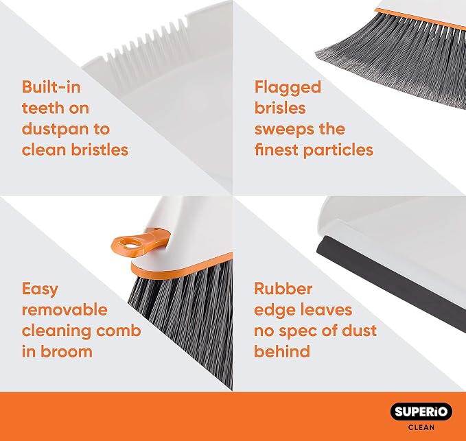 Superio Angle Broom with Clip-On Dustpan Set Angle Shape to Reach Narrow Spaces. (Soft Gray)