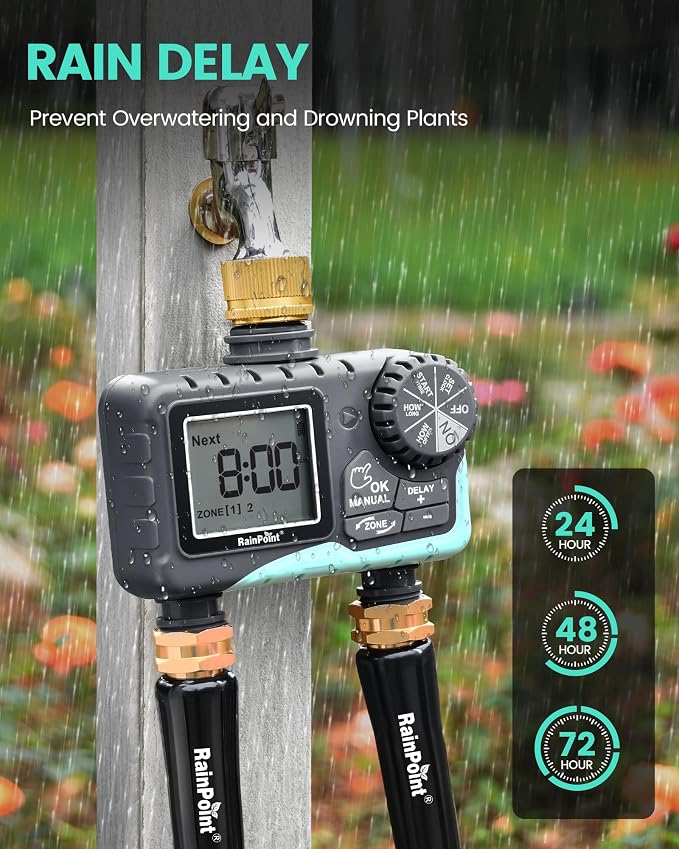 RAINPOINT Sprinkler Timer 2 Outlet, Water Timer for Garden Hose, Programmable Drip Irrigation for Yard Outdoor Watering, Rain Delay/Manual/Automatic (Brass, 1 pcs)