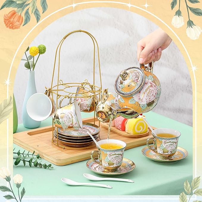 Zhehao 20 Pcs Porcelain Tea Set with Metal Holder and Spoon Adult Ceramic Tea Set European Flower Painting Teapot Cup Saucer Spoon for Women Mom Gift, Large Version (Classic Style)