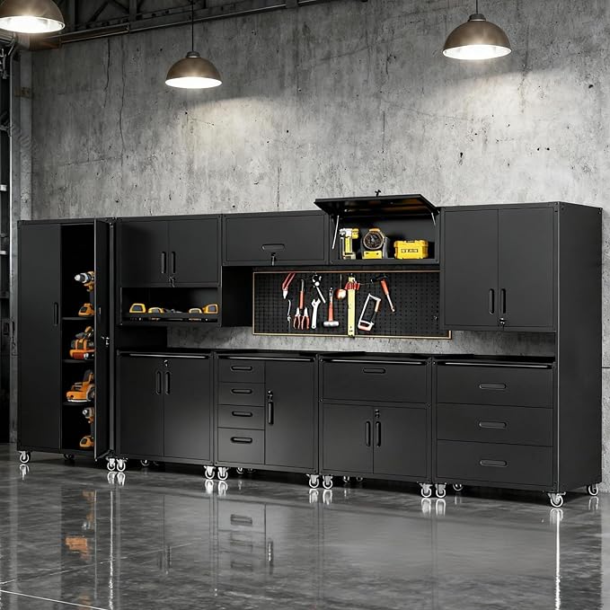 9-Piece Heavy Duty Steel Garage Cabinet System | All-in-One Modular Garage Cabinet Set for Ultimate Workshop Organization | Easy Assembly Garage Storage Cabinets & Tool Bench (Black)