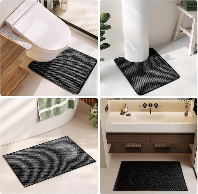 TYUU Black Bathroom Runner Rugs, Long Bath Mat Runner Washable Thin Quick Dry Low Pile Bathroom Runner Rugs Non Slip, Black 16''x60''