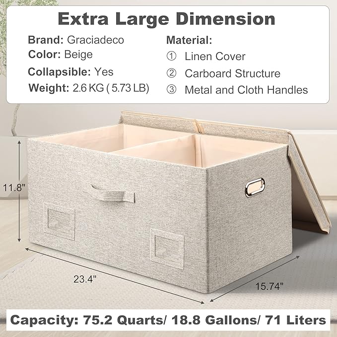 Graciadeco 75 Quart Extra Large Decorative Collapsible Storage Bins with Lids, 1 Pack Beige Stackable Boxes