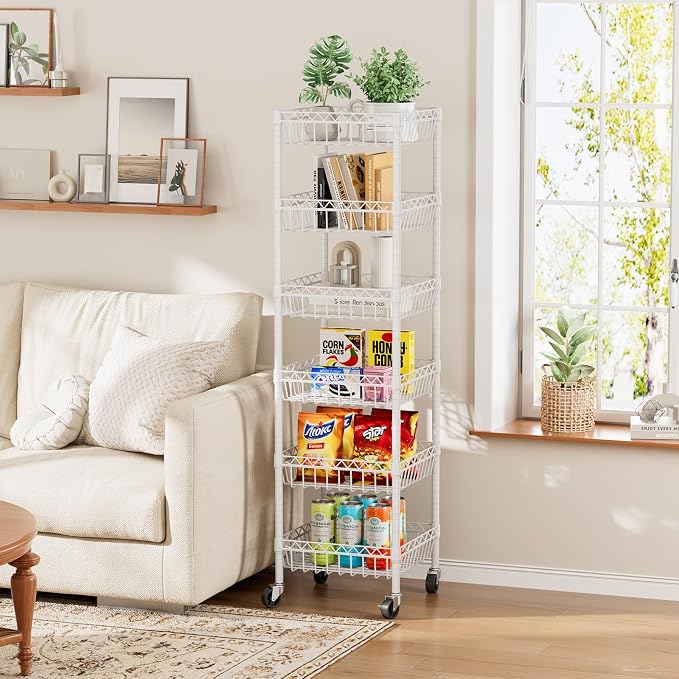 Golpart 6 Shelves Storage Shelf Wire Closet Bathroom Organizers Metal Pantry Kitchen Garage Shelving Unit Laundry Room Organization Home Rack Net Basket White with Wheels 14" Dx14 Wx64.8 H