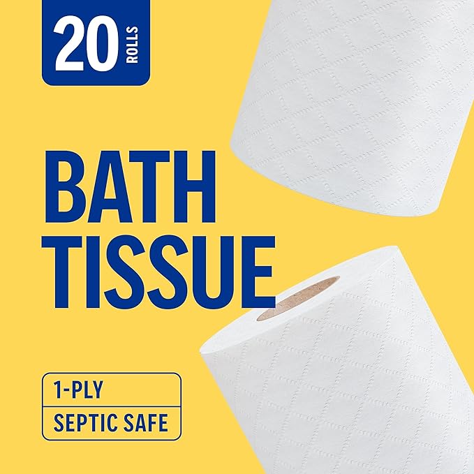 Perk 1-Ply Toilet Paper, Septic Safe Tissue Rolls, 1,000-Sheets Per Roll, 20-Pack, White