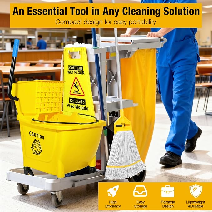 35Qt Commercial Mop Bucket with Side Press Wringer on Wheels Yellow | Including Wet Floor Caution Sign and Heavy-Duty Industrial Mop Set for Home/Business Floor Cleaning/Mopping