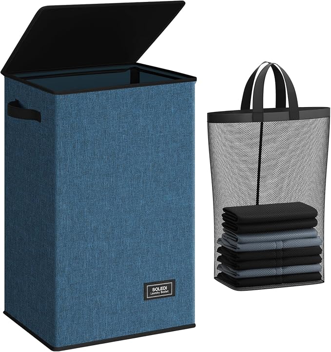 SOLEDI Laundry Hamper with Lid 90L Large & Tall Collapsible Laundry Basket, Clothes Hamper with Bag Removable Easy to Carry, Dirty Hampers for Bedroom, Bathroom, Dorm, College, Blue