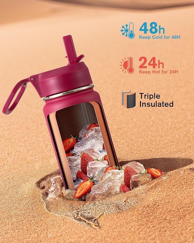 Coolflask Water Bottle 24 oz Insulated with Straw, Stainless Steel Metal 3 Lids Water Flask Wide Mouth for Sports or Office, Non-BPA Keep Cold Up to 48 Hrs or Hot Up to 24 Hrs, Ombre Wine/Navy