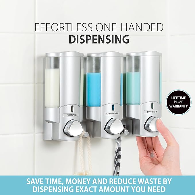 Better Living Aviva Shower Dispenser 3 Chamber,Wall Mount Shower Soap Dispenser for Bathroom Hotel Body Wash,Built-in Hooks,No Drill,Waterproof Shampoo Soap-Dispenser,3 x11 oz,Satin Silver,(Pack of 6)