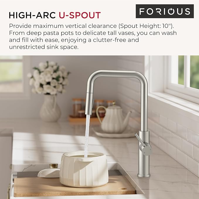 FORIOUS Kitchen Faucet with Pull Down Sprayer, Brushed Nickel Single Handle U-Spout Stainless Steel Kitchen Sink Faucet, 1 or 3 Hole Deck Mount for RV, Bar, Farmhouse, Laundry, Outdoor