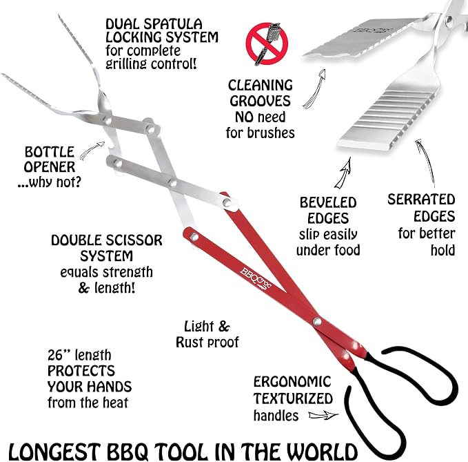 3-in-1 Barbecue Tool 26-inch Extra Light and Super Long Heavy Duty Tongs, Spatula and Grill Scraper (Red) – Longest BBQ Tool Ever!