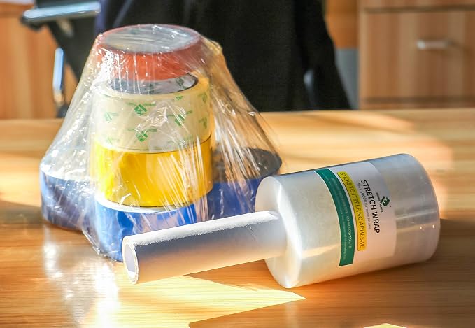 BOMEI PACK 6 Pack Industrial Clear Mini Stretch Wrap Roll with Handle, 5" x 1000Feet 80 Gauge for Heavy Duty, Durable Self-Adhering Plastic Wrap for Packing, Moving