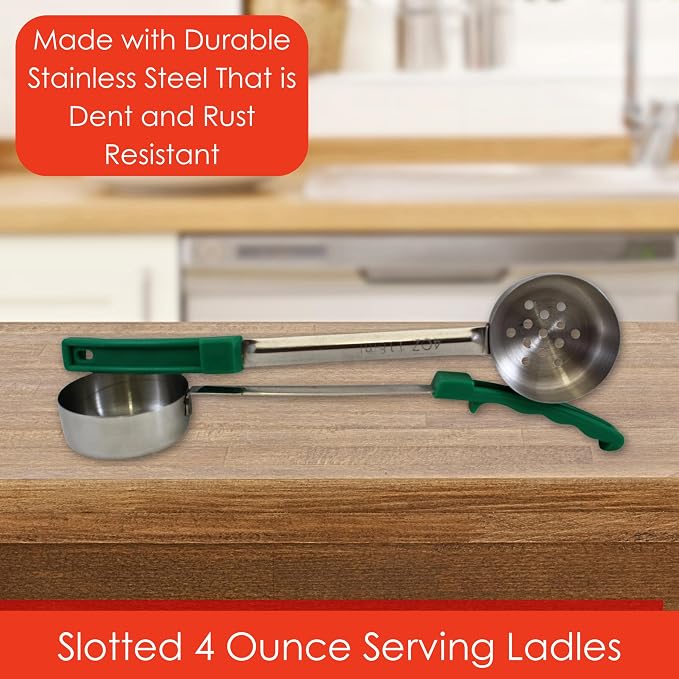4 oz Slotted Stainless Steel Portion Control Ladle Spoon | Commercial-Grade Spoodle for Portioning & Draining - Pasta, Veggies & Buffet Service. Color-Coded by Size. Dishwasher Safe.