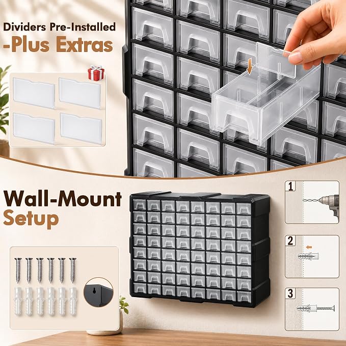 64-Drawer Organizer for Garage Building Bricks Storage,𝐓𝐡𝐢𝐜𝐤𝐞𝐫 Drawer Storage Cabinet with Dividers and Labels for Hardware,Screws,Nuts Bolts, Garage Tools,Charms,Beads,Craft,Scrapbook