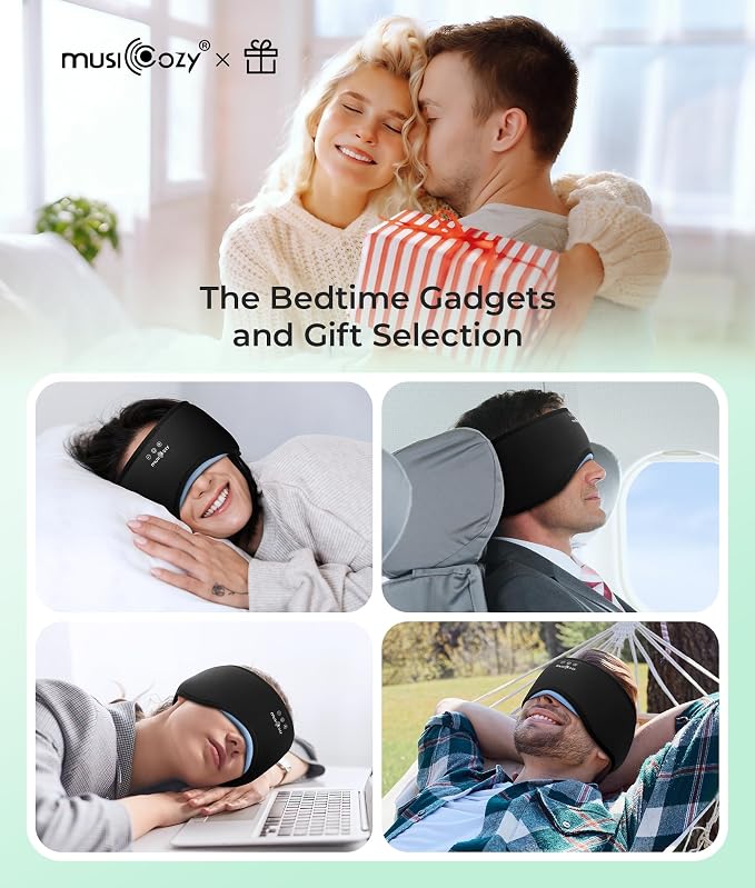 MUSICOZY Sleep Mask with Bluetooth Headphones, Bamboo Cotton Extended Sleep Headphones for Side Sleepers, Bluetooth Eye Mask for Sleeping, Wireless Earphones with HD Stereo Speakers (Classic Black)