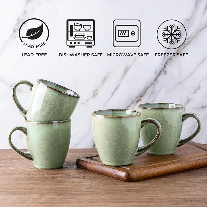 GBhome Ceramic Coffee Mugs Set of 4, 12oz Stoneware Coffee Mugs Set For Dad Mom Women MEN, Light Weight Ceramic Coffee Cups for Latte/Tea/Beer/Hot Cocoa, Dishwasher & Microwave Safe, Pastel Green