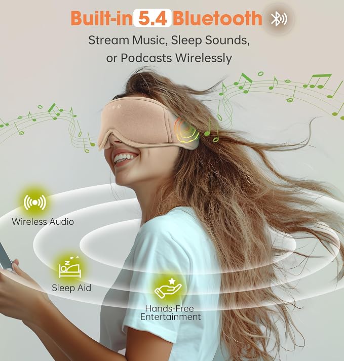 Sleep Mask with Headphones Bluetooth 5.4, LC-dolida Wireless Music Eye Mask for Sleeping Headphones with Soft Bamboo Cotton Cooling Breathable,Ultra-Thin Stereo Speaker for Side Sleepers-Khaki