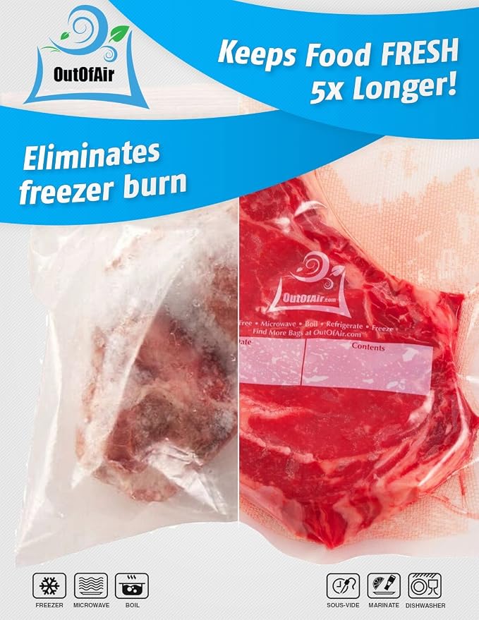 8" x 25' Rolls (Fits Inside Machine) - BULK 8 Pack (200 ft total) OutOfAir Vacuum Sealer Rolls Works With FoodSaver & Other Machines, 33% Thicker BPA Free Sous Vide Commercial Grade Bags