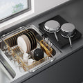 JASIWAY Gold Dish Drying Rack in Sink with Drainboard and Utensil Holder | Use Over the Sink or Counter, Stainless Steel Expandable Dish Drainer for Small Kitchen, Space Saving, Fast Drain, Rustproof