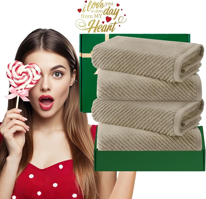 VOOVA & MOVAS Bathroom Hand Towels 4PC, 100% Cotton, 18x28 in, Dark Beige | Thick, Quick Dry, Soft, Absorbent, Luxury Towel Set, Bathroom Essentials, Ideal For Home, Guest Bathroom