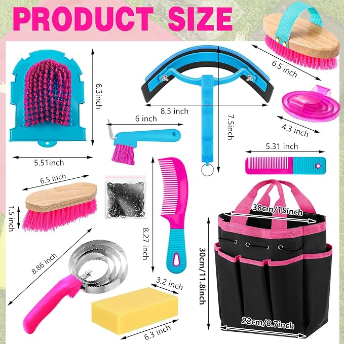 Abbylike 12 Piece Horse Grooming Kit with Organizer Tote Bag Brush Sets for Derby Day Show Horses Professional Tools for Care & Massage(Rose Red)