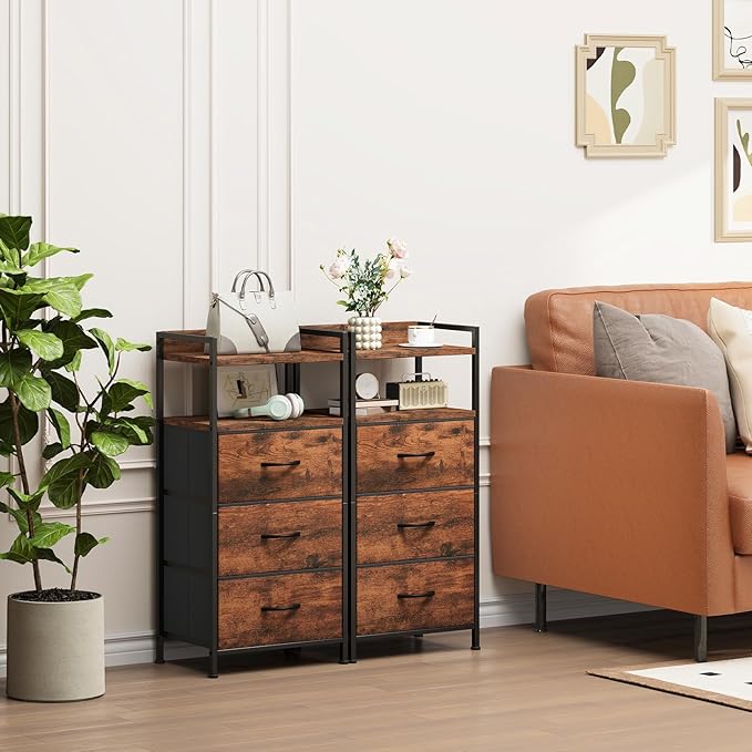 Somdot Nightstand with 3 Drawers, Dresser with Fabric Bins for Bedroom, Hallway, Entryway, Night Stand Bedside Table Furniture, Sturdy Steel Frame, Wooden Top, Easy Pull Fabric Bins, Wood Grain Print
