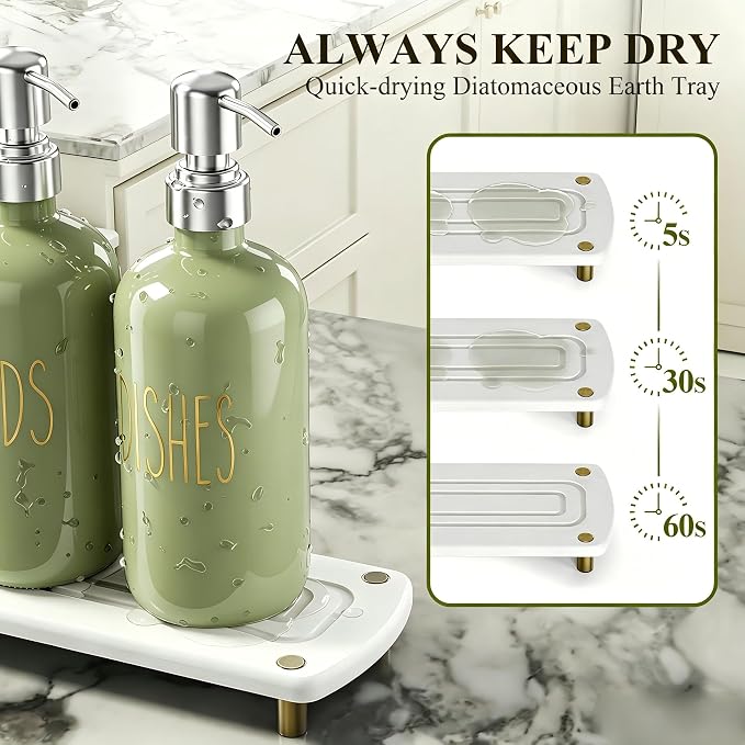 Cisily Kitchen Soap Dispenser Set Comes with Ceramics Sponge Holder, Silver Pumps, and Instant Dry Tray, Hand and Dish Soap Dispenser Set, Kitchen Sink Olive Green Decor